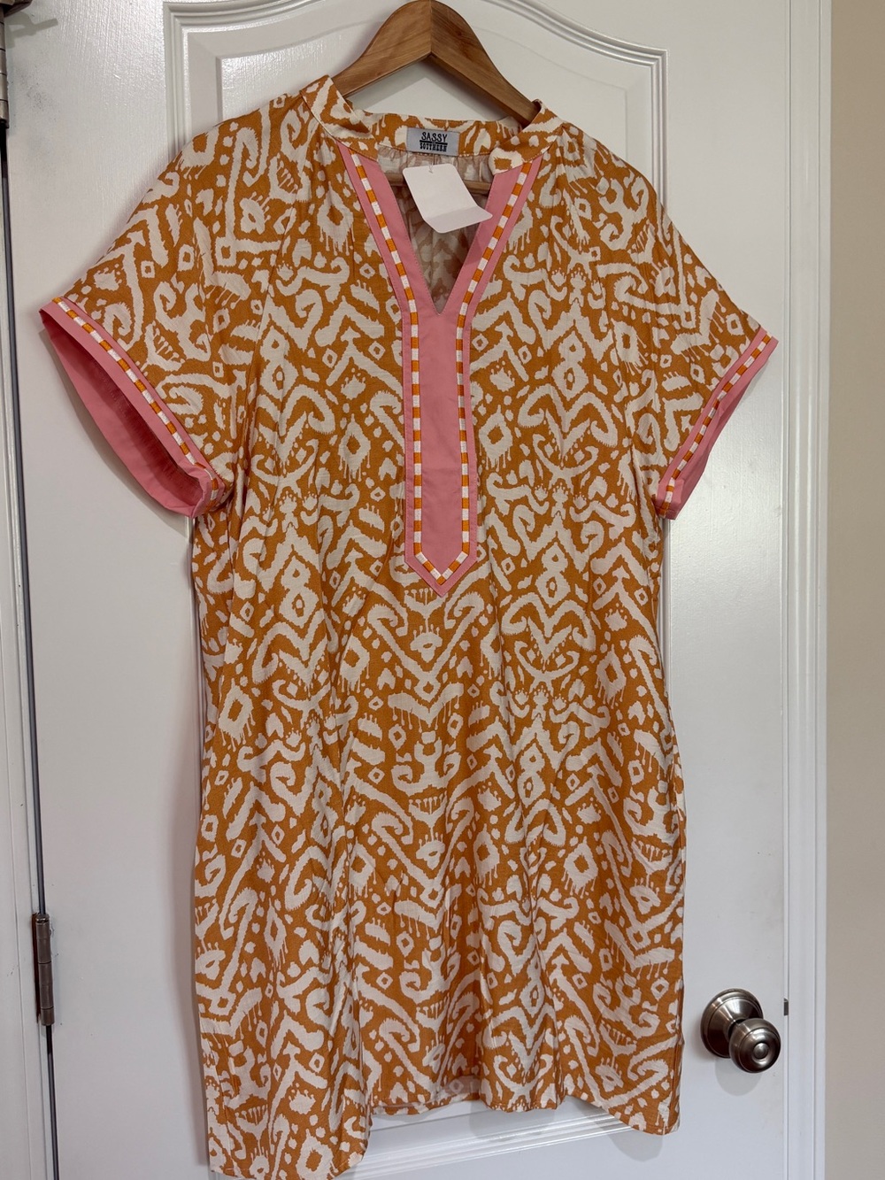 Simply Southern Orange & White Printed Casual Tunic with Pink Trim
